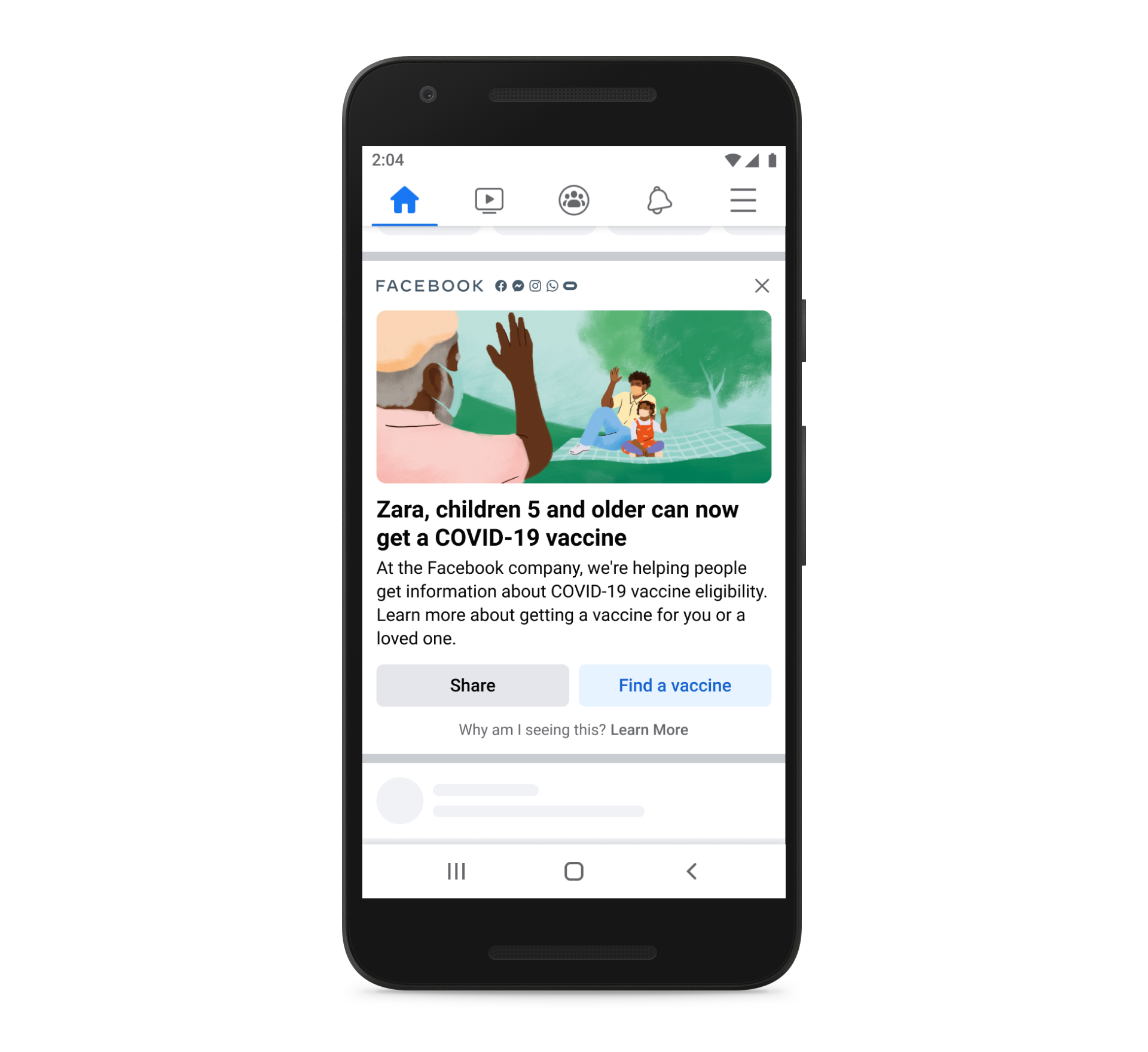 Screenshot of in-feed message about the COVID-19 vaccine for children